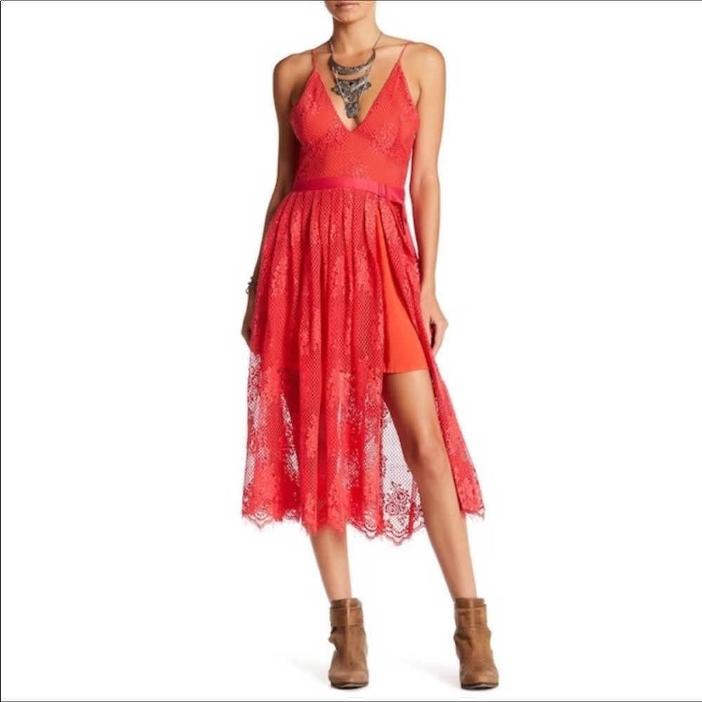 NWT Free People red pink lace midi dress - Picture 2 of 6